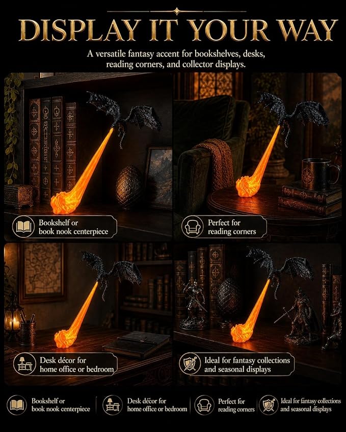 Dragon Bookshelf Nook Light, 3D Printed Fire-Breathing Fantasy Shelf Decor