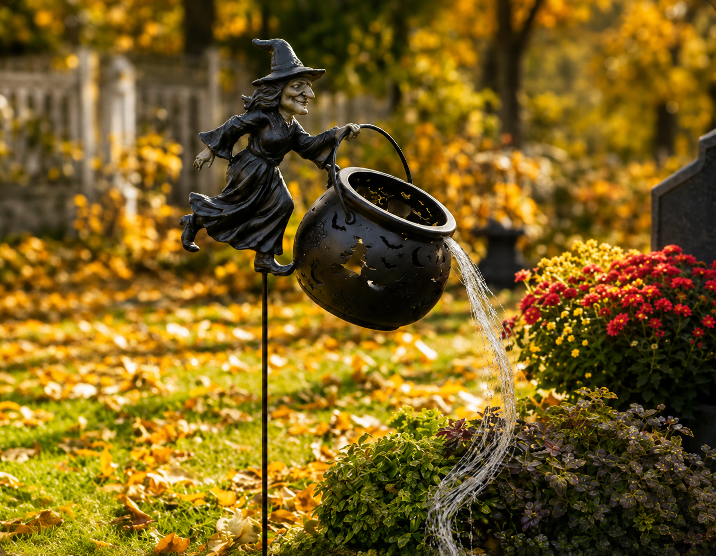 Halloween witch garden decoration in daylight