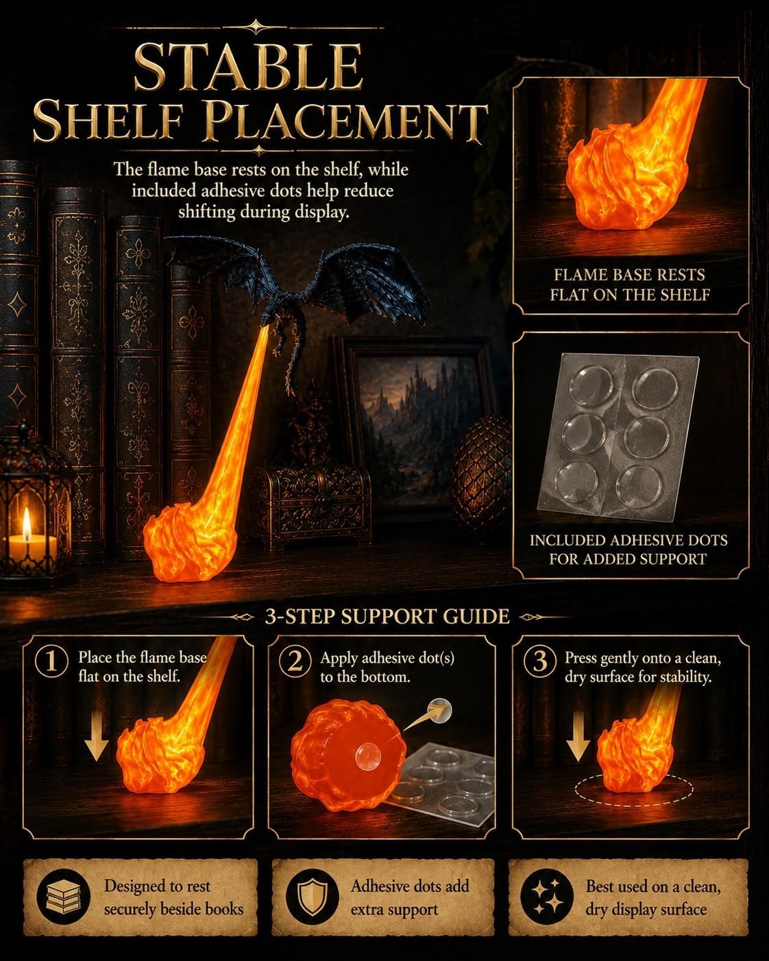 Dragon Bookshelf Nook Light, 3D Printed Fire-Breathing Fantasy Shelf Decor