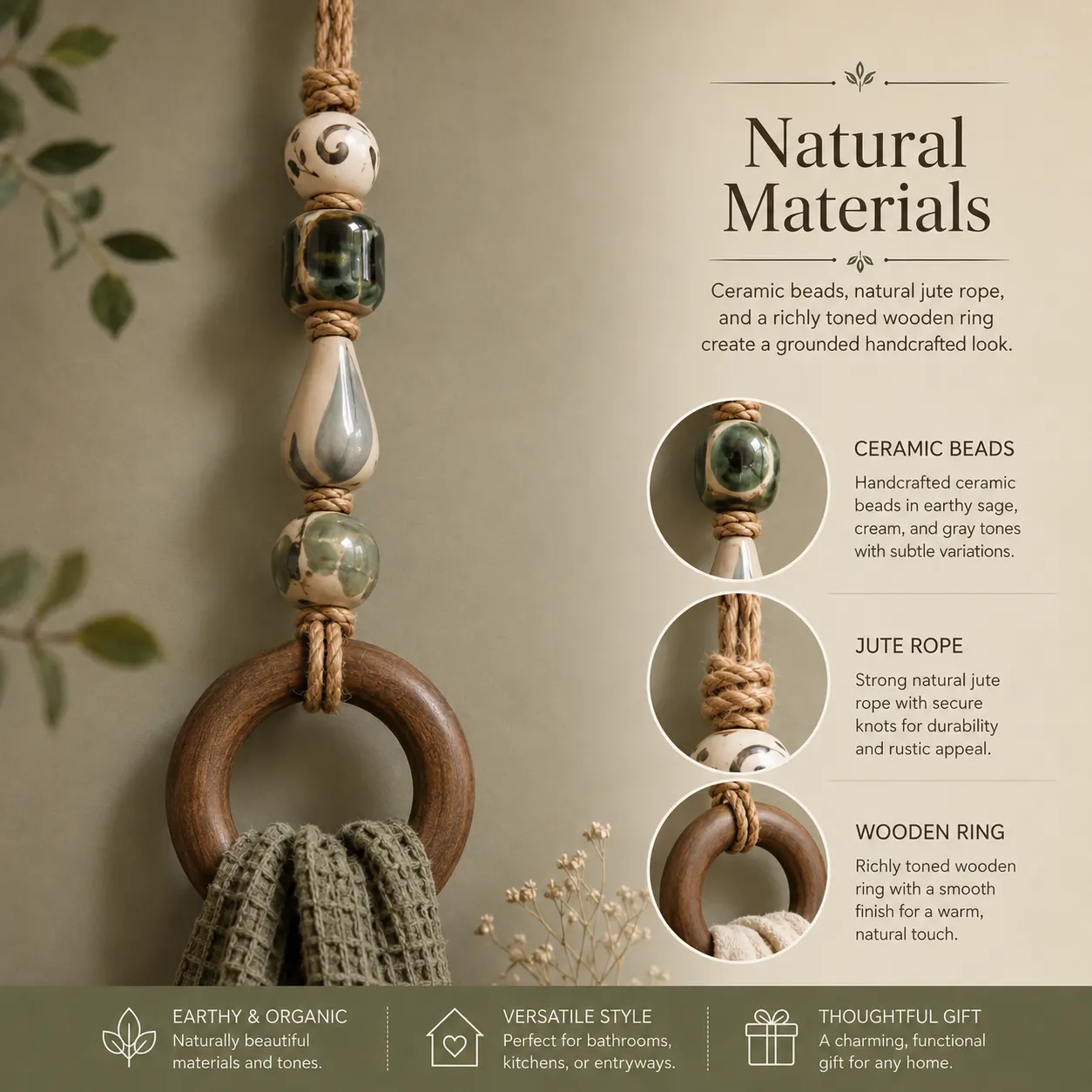 💝Decorative Beaded Towel Hanger with Wooden Ring🏠