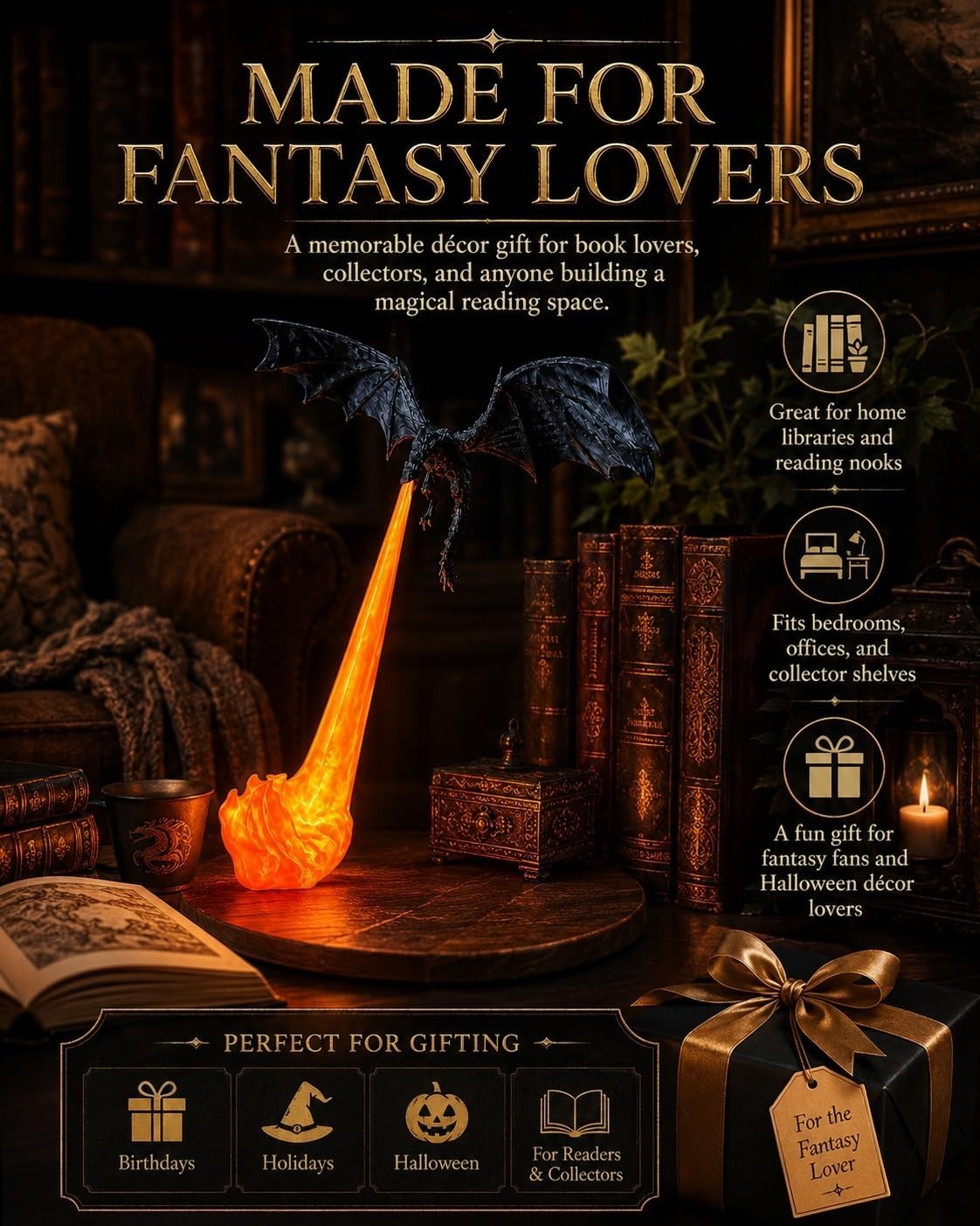 Dragon Bookshelf Nook Light, 3D Printed Fire-Breathing Fantasy Shelf Decor