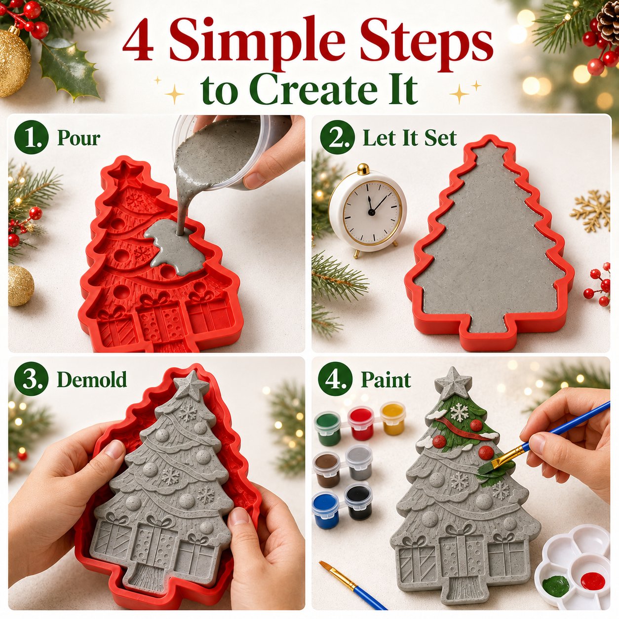 🔥 HOT SALE 🔥🔥 LAST DAY 49% OFF – 🎄 DIY Christmas Tree Mold & Paint Craft Kit | Reusable 3D Mold with 8 Acrylic Paints, 2 Brushes & Festive Detail Guide 🎨✨