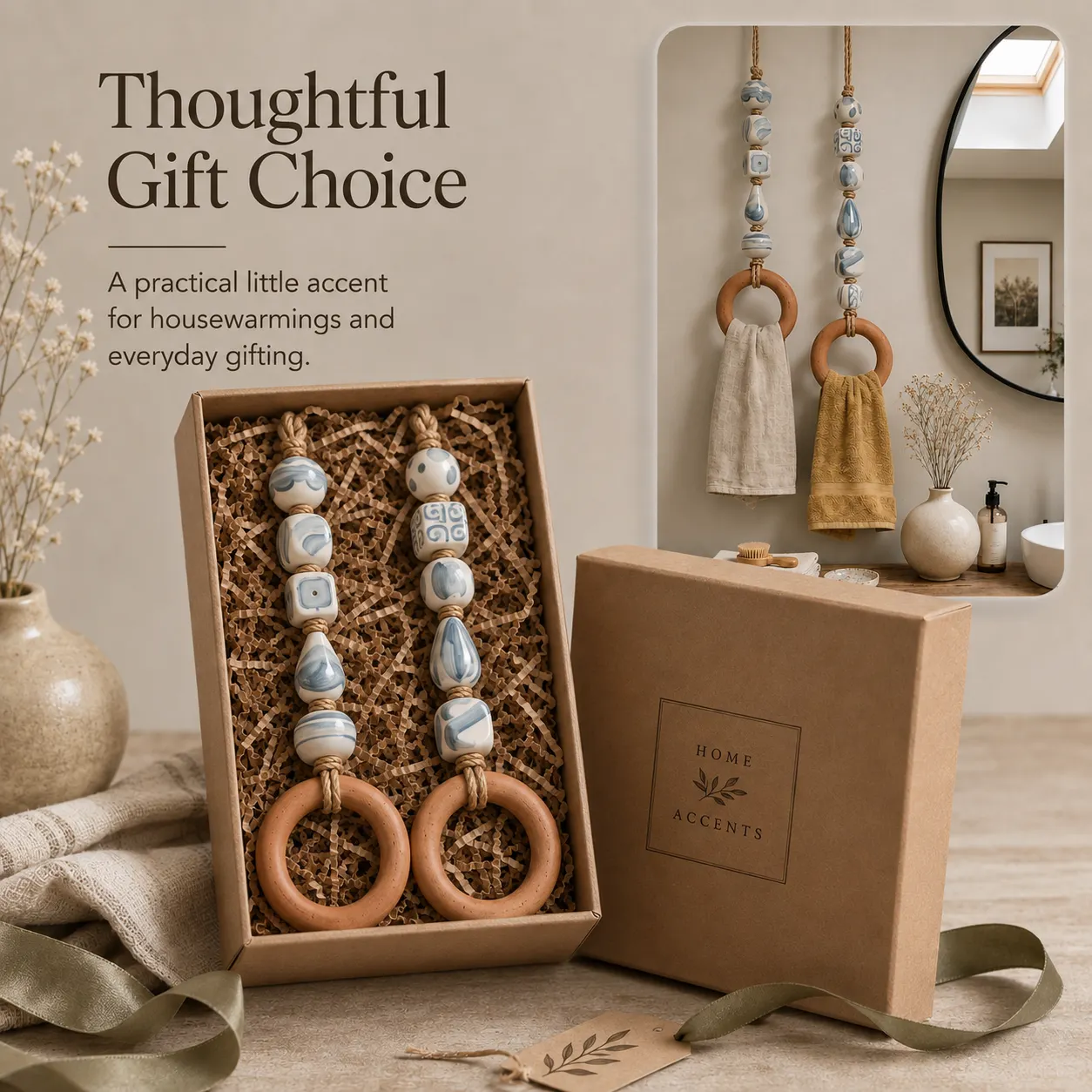 💝Decorative Beaded Towel Hanger with Wooden Ring🏠