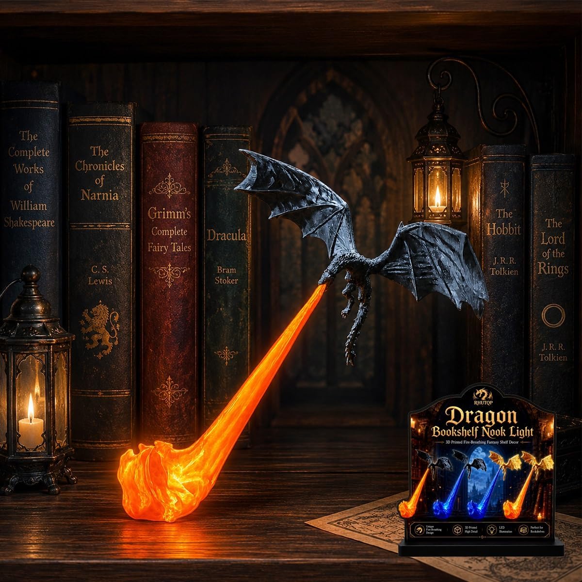 Dragon Bookshelf Nook Light, 3D Printed Fire-Breathing Fantasy Shelf Decor