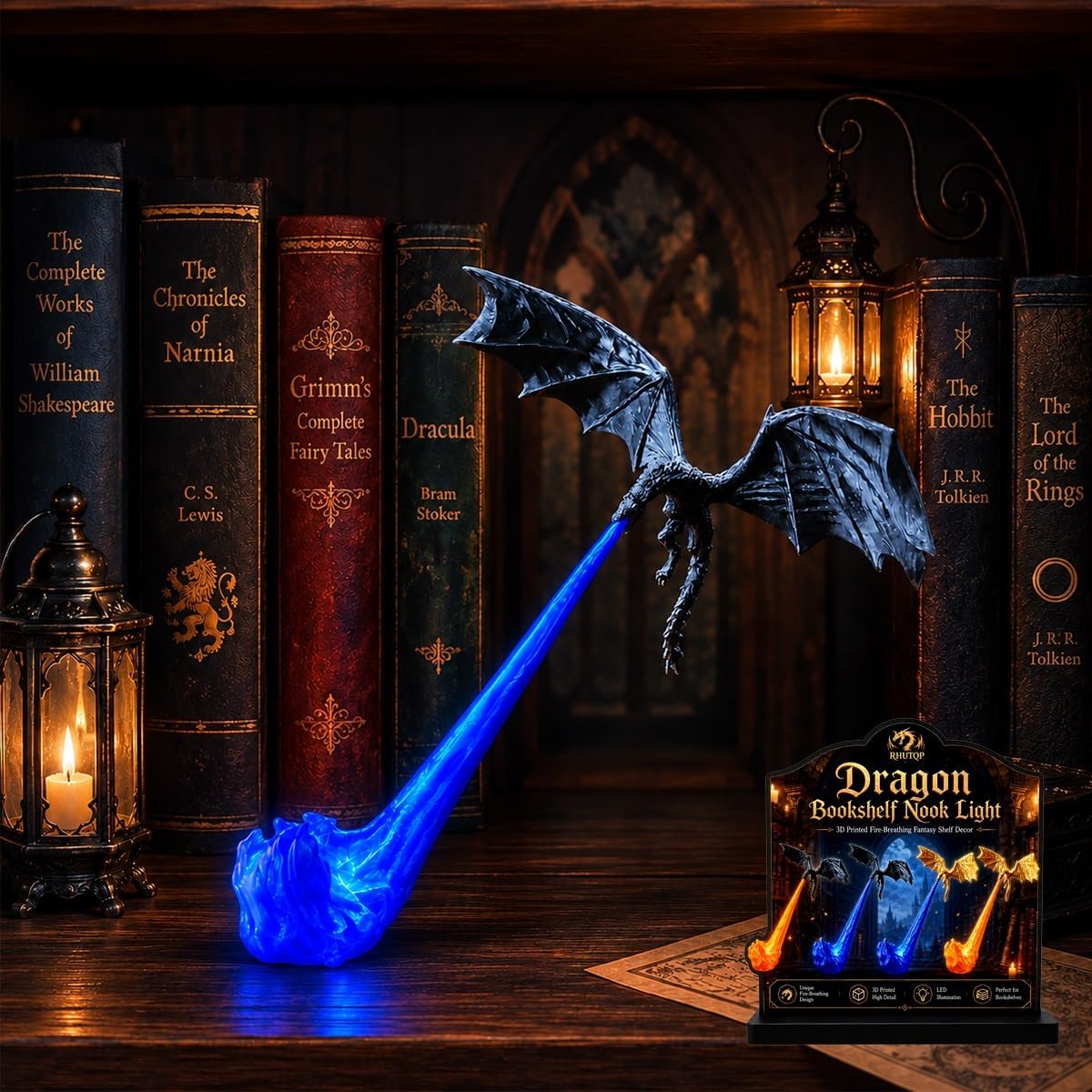 Dragon Bookshelf Nook Light, 3D Printed Fire-Breathing Fantasy Shelf Decor