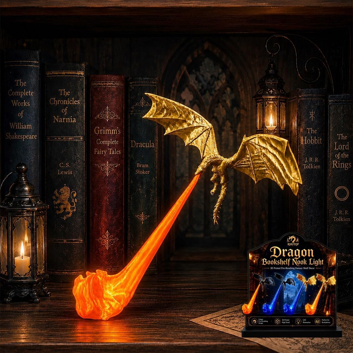 Dragon Bookshelf Nook Light, 3D Printed Fire-Breathing Fantasy Shelf Decor