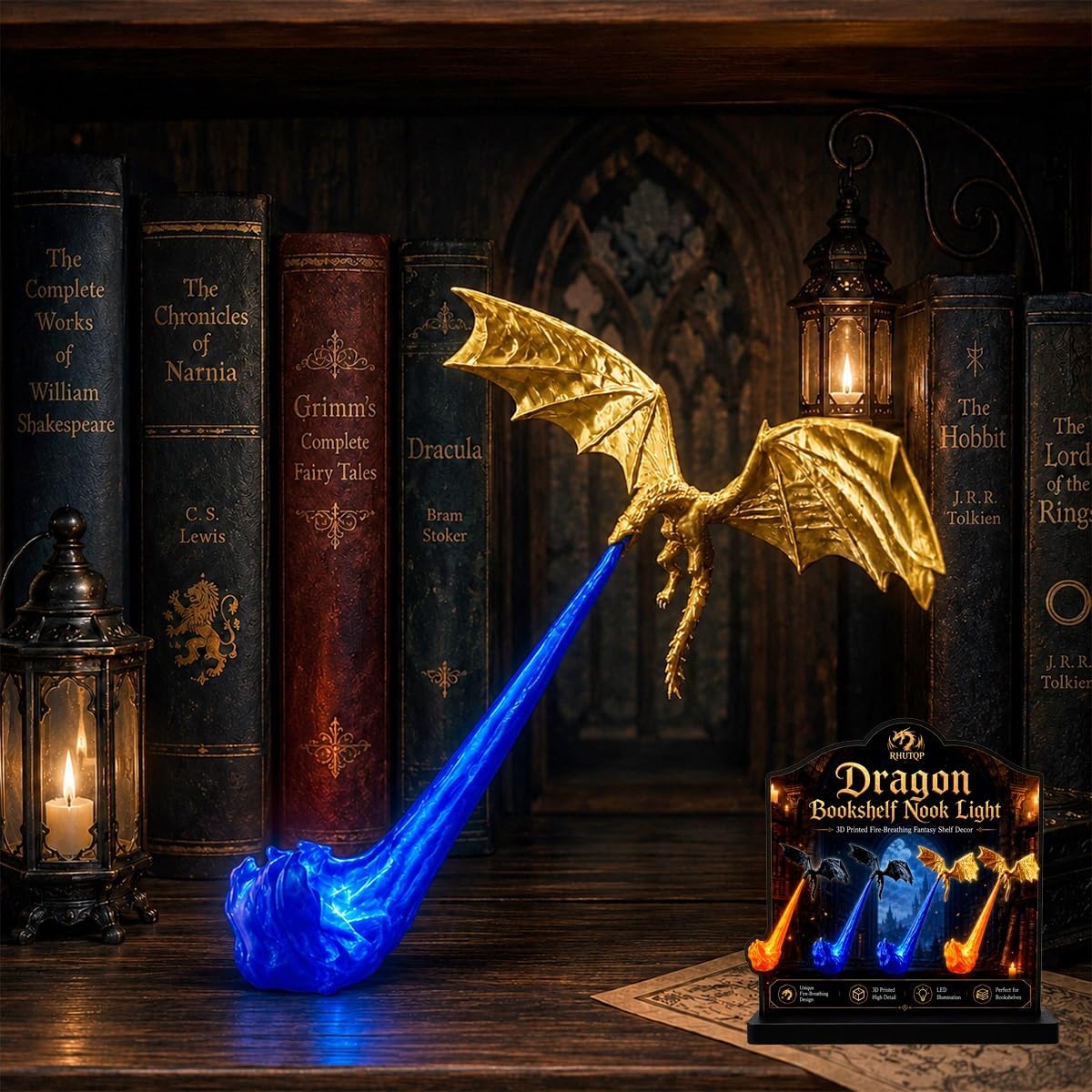 Dragon Bookshelf Nook Light, 3D Printed Fire-Breathing Fantasy Shelf Decor