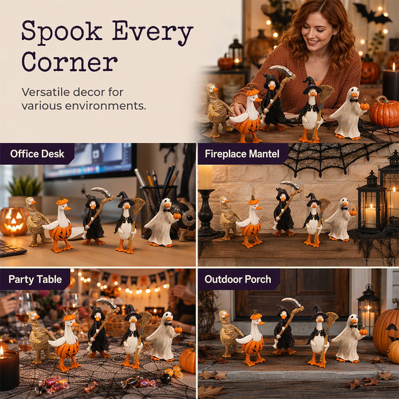 Halloween duck figurines displayed on office desk, mantel, party table and porch