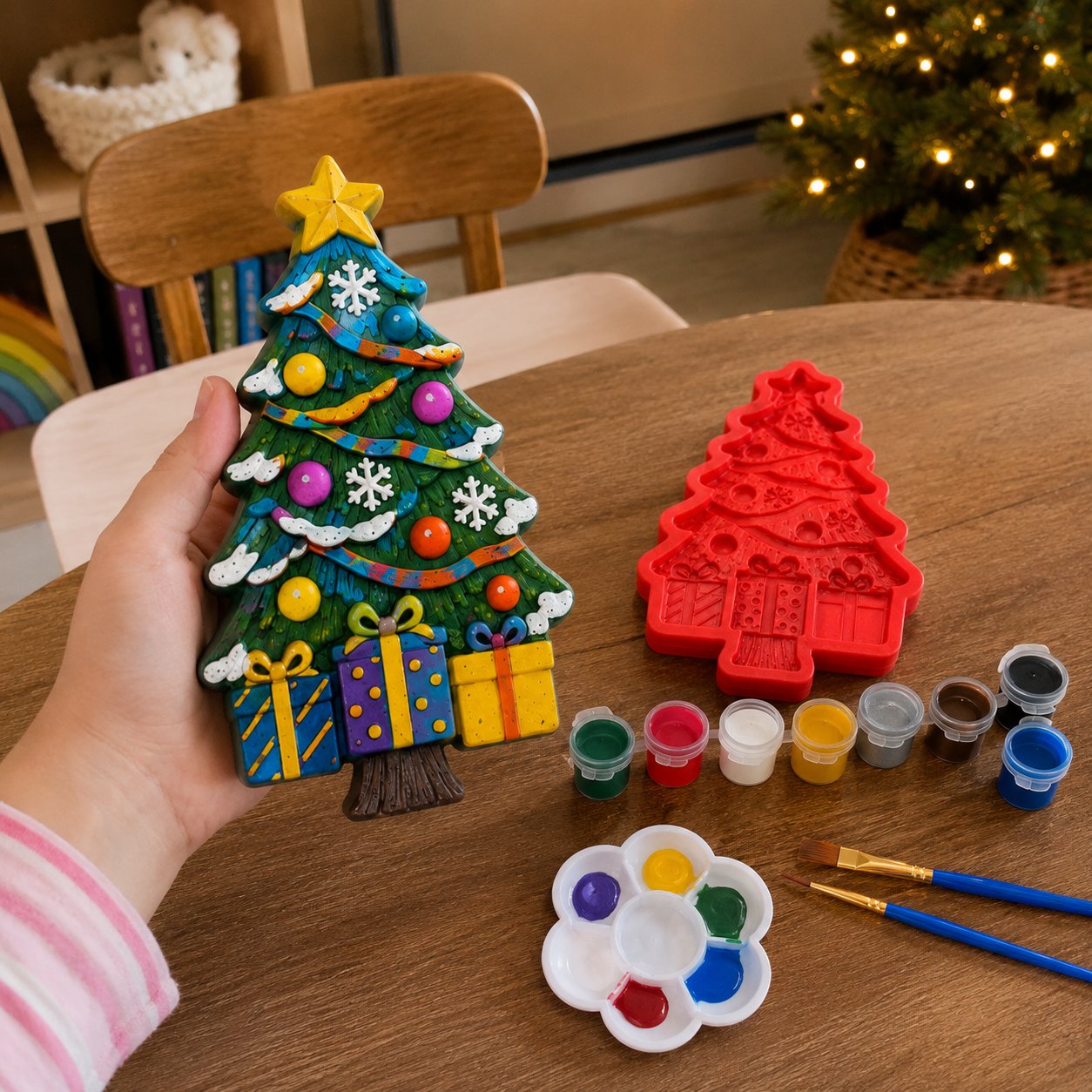 🔥 HOT SALE 🔥🔥 LAST DAY 49% OFF – 🎄 DIY Christmas Tree Mold & Paint Craft Kit | Reusable 3D Mold with 8 Acrylic Paints, 2 Brushes & Festive Detail Guide 🎨✨