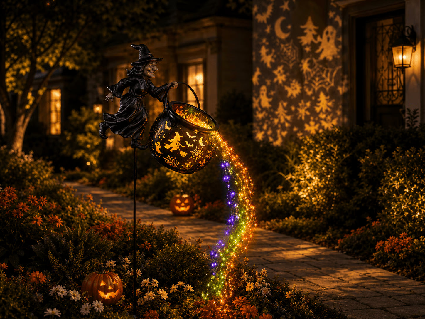 Witch cauldron garden light creating glowing Halloween effects