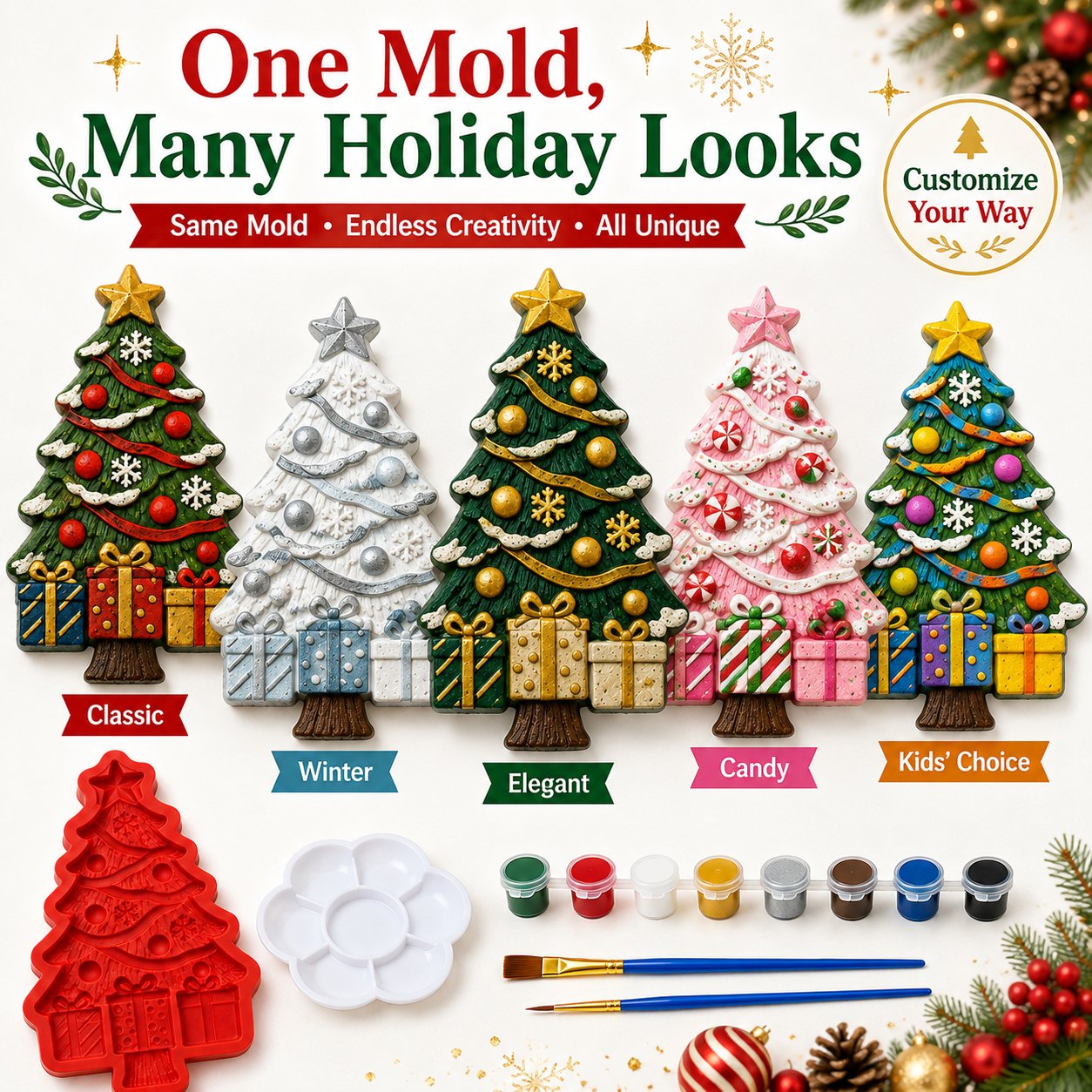 🔥 HOT SALE 🔥🔥 LAST DAY 49% OFF – 🎄 DIY Christmas Tree Mold & Paint Craft Kit | Reusable 3D Mold with 8 Acrylic Paints, 2 Brushes & Festive Detail Guide 🎨✨