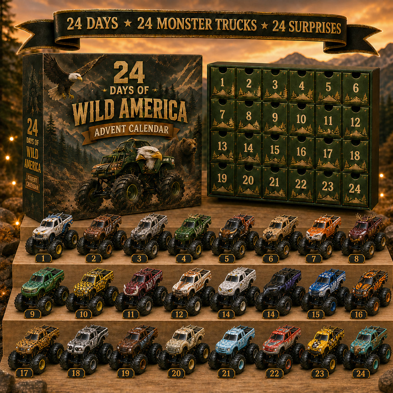 🚗🚗49% Off Last Day -24 Days of Wild America Monster Truck Advent Calendar – 24 Collectible Trucks