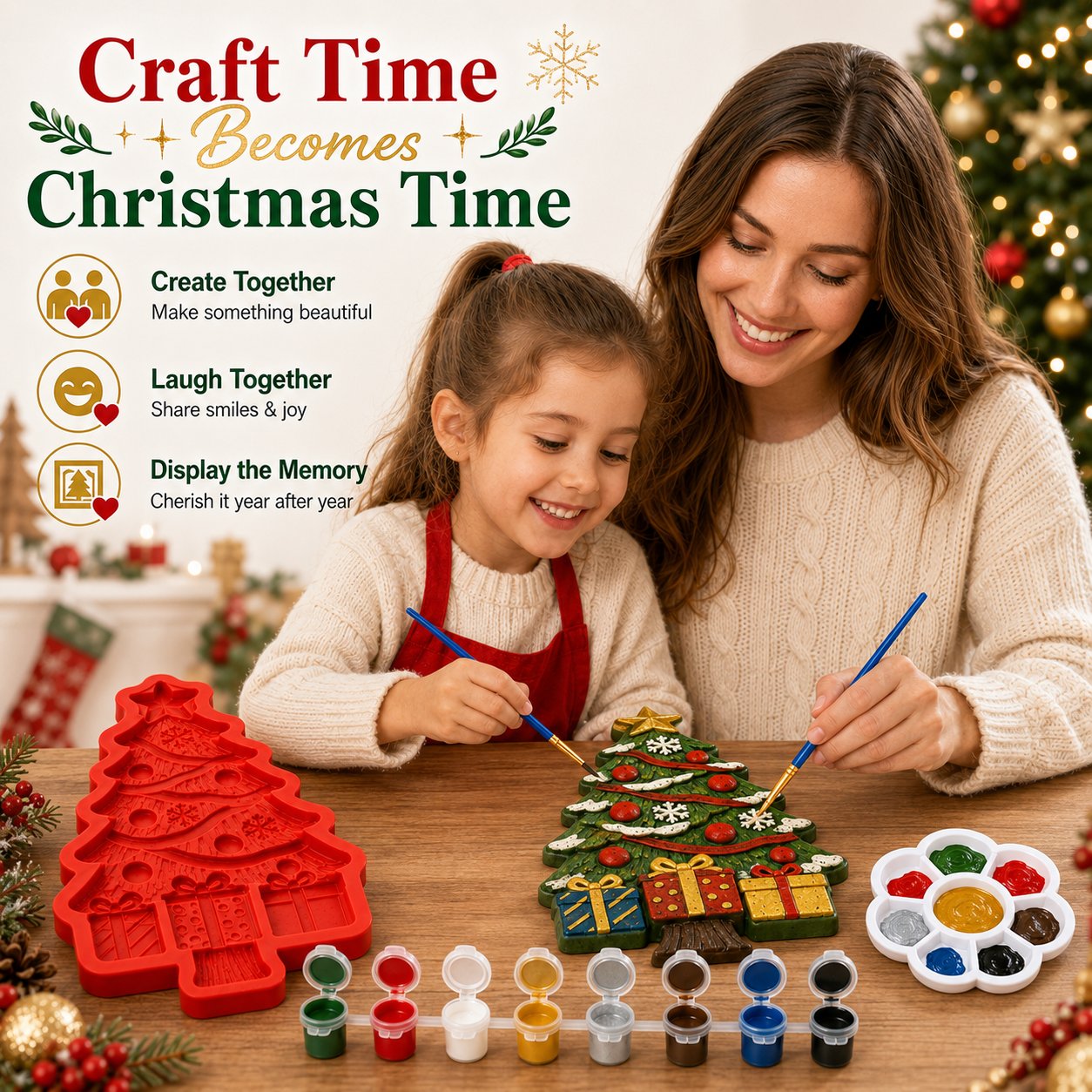 🔥 HOT SALE 🔥🔥 LAST DAY 49% OFF – 🎄 DIY Christmas Tree Mold & Paint Craft Kit | Reusable 3D Mold with 8 Acrylic Paints, 2 Brushes & Festive Detail Guide 🎨✨