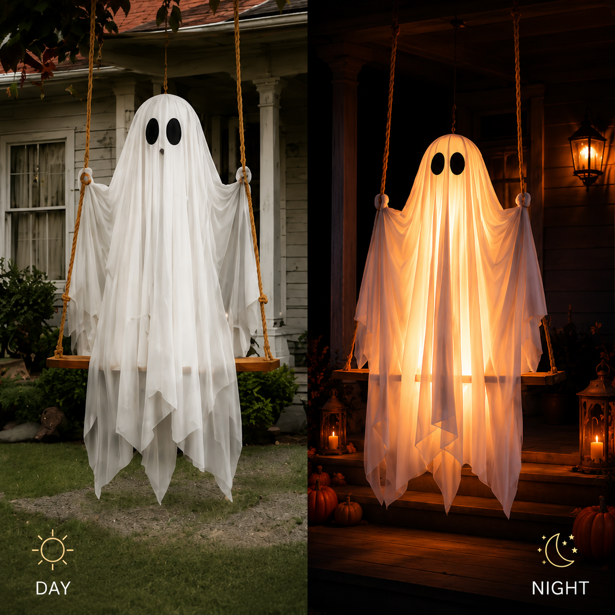 5FT hanging swing ghost shown during the day and glowing at night