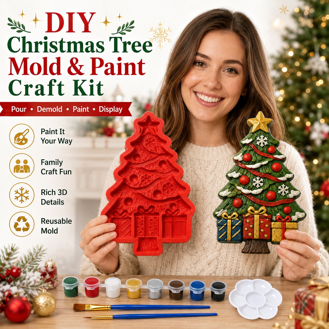 🔥 HOT SALE 🔥🔥 LAST DAY 49% OFF – 🎄 DIY Christmas Tree Mold & Paint Craft Kit | Reusable 3D Mold with 8 Acrylic Paints, 2 Brushes & Festive Detail Guide 🎨✨