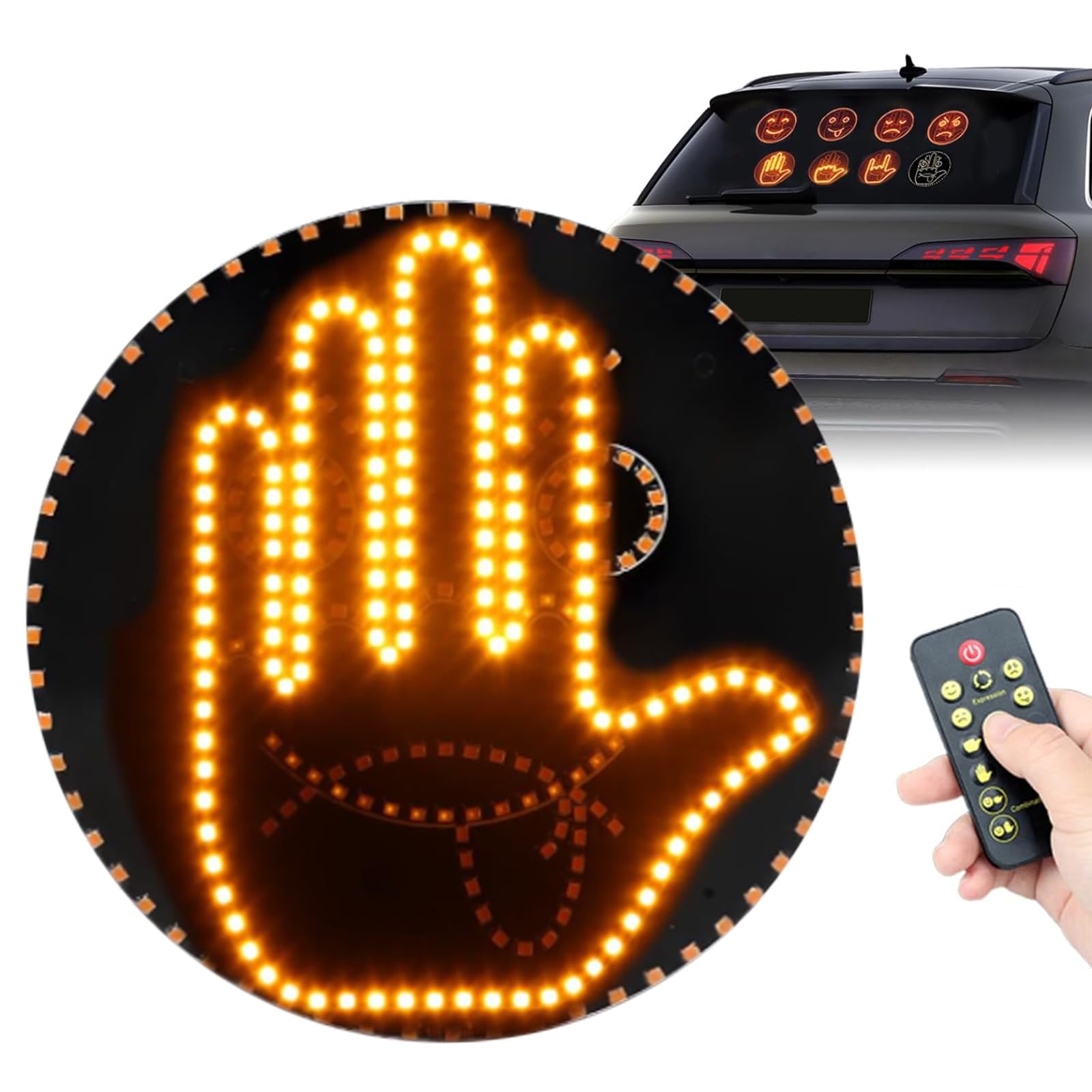 🤟🔥Car Finger Light with Remote, Hand Gesture Amber LED Light - 14 Modes for Road Rage Warning Signs Ideal Car Accessory