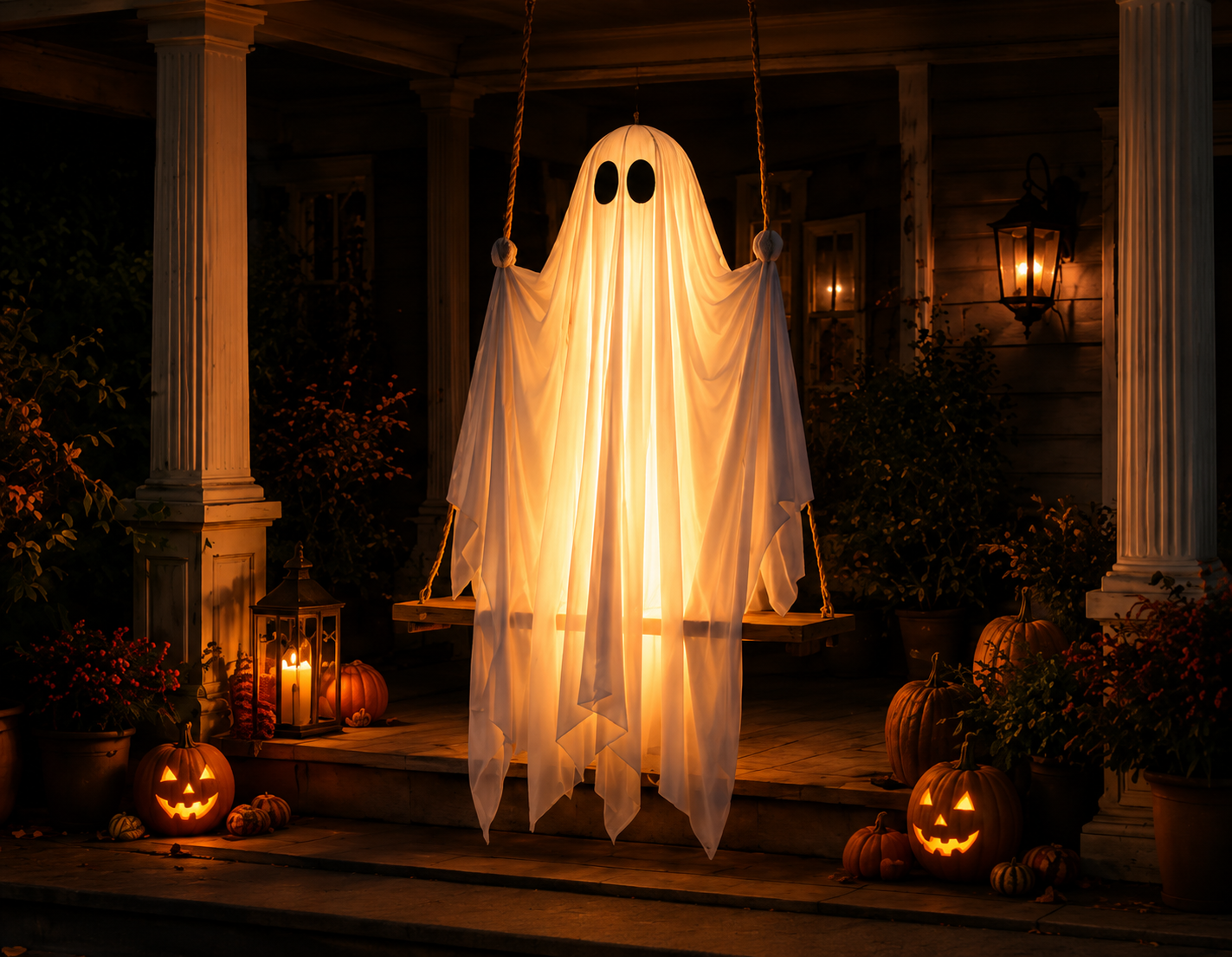 Glowing hanging ghost on a swing displayed on a Halloween porch