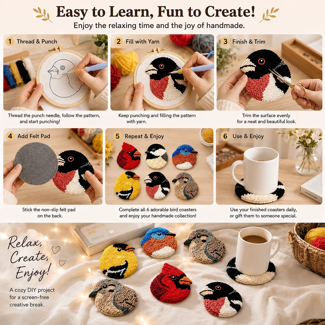 Little Bird Punch Needle Coaster Kit – DIY Set of 6