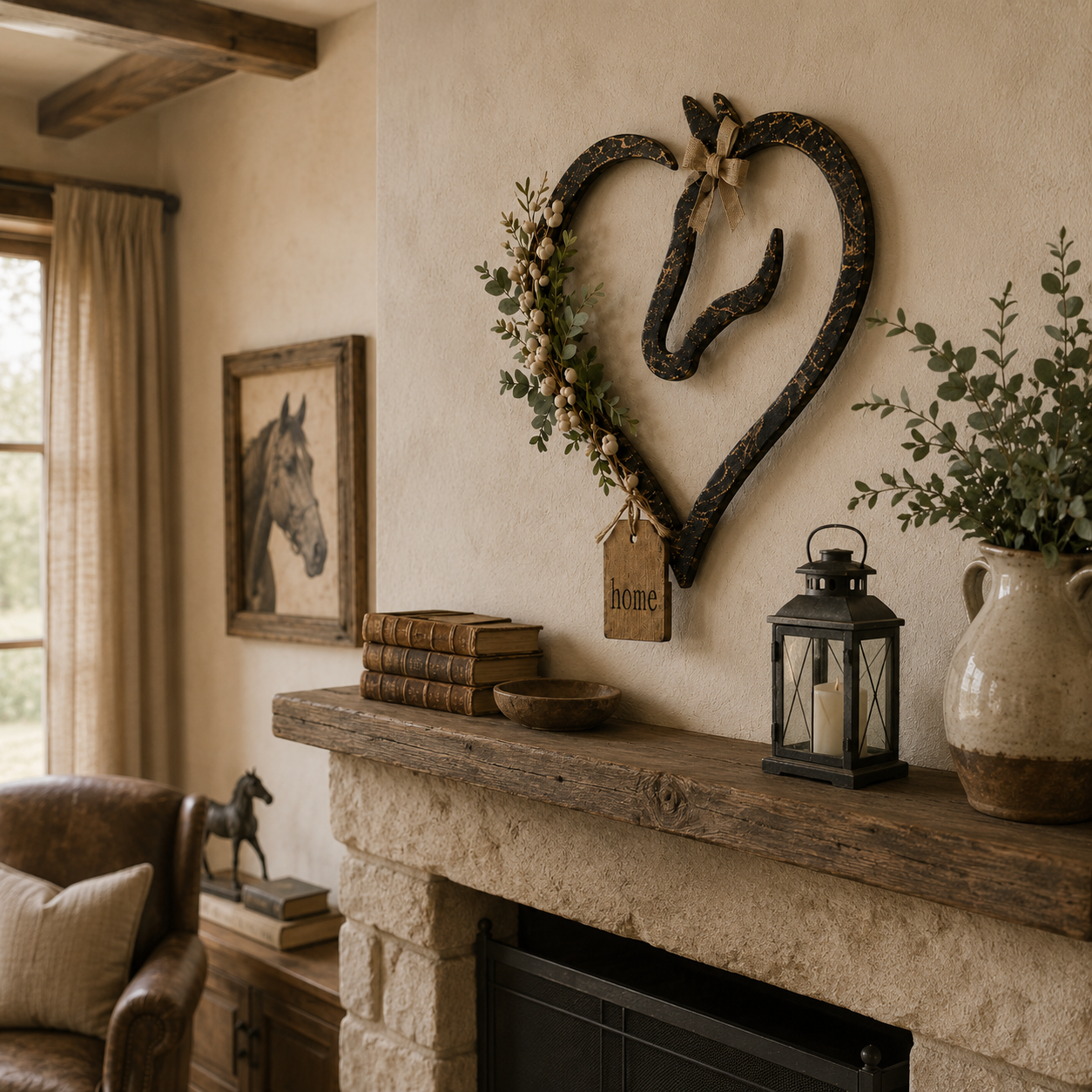 Rustic Horse Heart Wall Decor with Greenery – Farmhouse Equestrian Home Accent