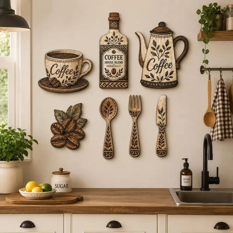 7 Pieces Wooden Coffee-Themed Kitchen Wall Decor, Decorative Wall Art, Decoration Items, Vintage Country Style Wall Hangings Featuring Coffee Cups, Coffee Pots, Coffee Beans, Coffee-Themed Decor Plaques Suitable for Kitchens and Cafés