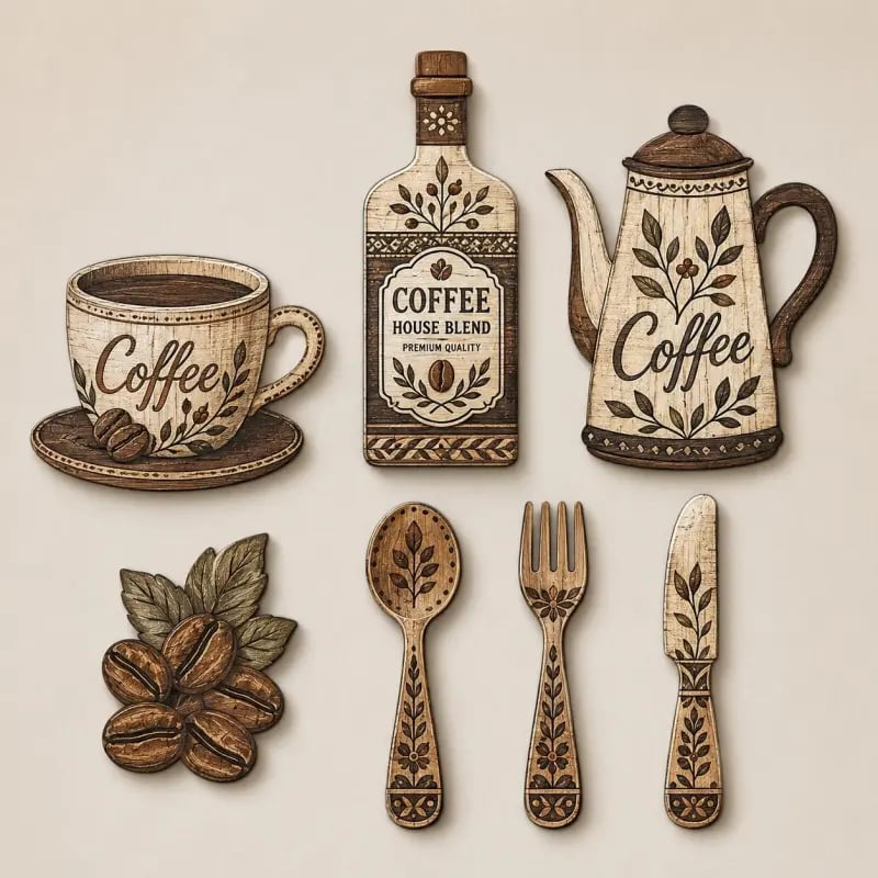 7 Pieces Wooden Coffee-Themed Kitchen Wall Decor, Decorative Wall Art, Decoration Items, Vintage Country Style Wall Hangings Featuring Coffee Cups, Coffee Pots, Coffee Beans, Coffee-Themed Decor Plaques Suitable for Kitchens and Cafés