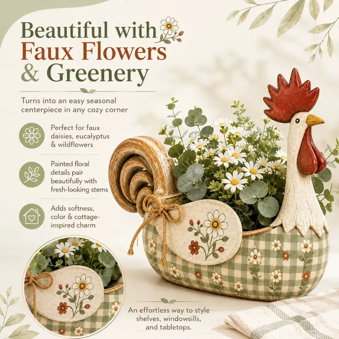 Rooster utensil holder styled with faux flowers and greenery