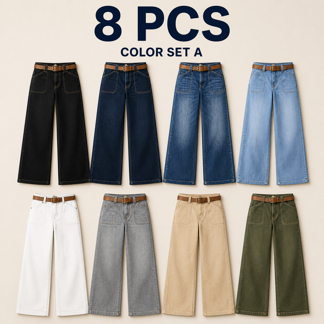 Women's 8/16 PCS Wide-Leg Jeans with Belt & Front Patch Pockets