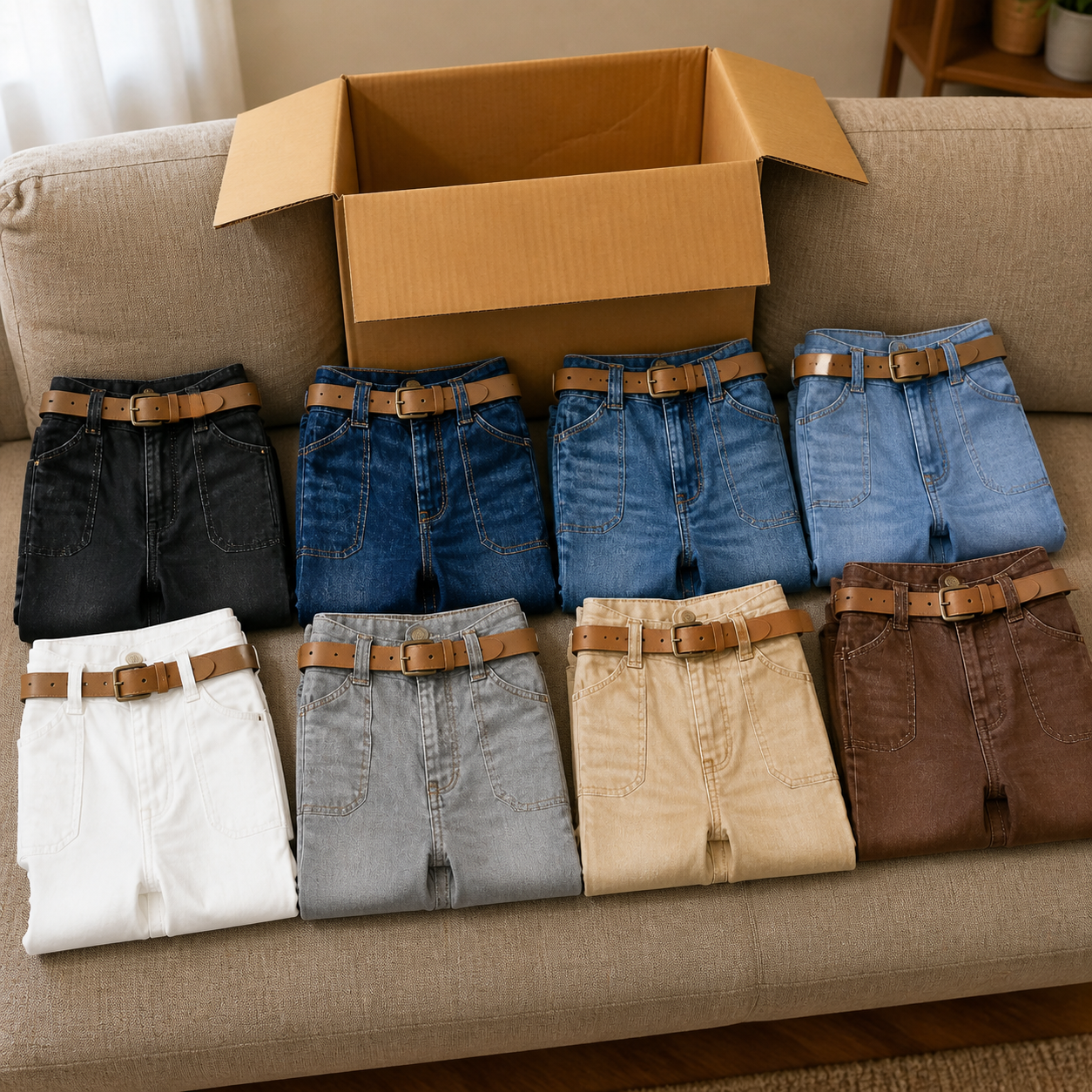 Women's 8/16 PCS Wide-Leg Jeans with Belt & Front Patch Pockets