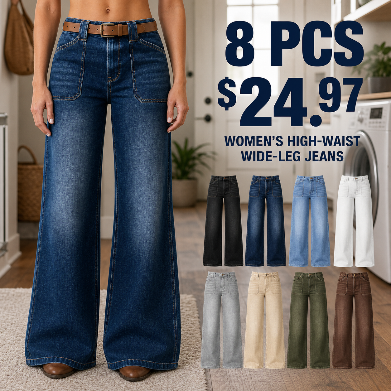 Women's High-Waist Wide-Leg Jeans, 8 PCS or 10 PCS All Colors