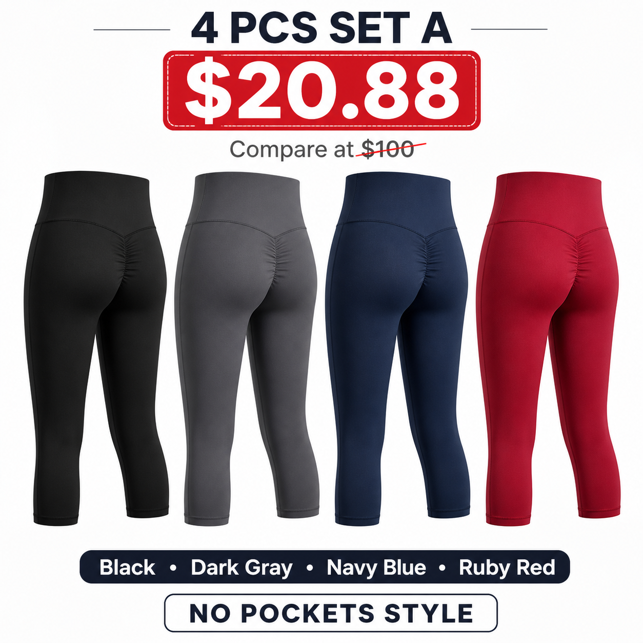 Women's High Waisted Capri Workout Leggings - No Pockets