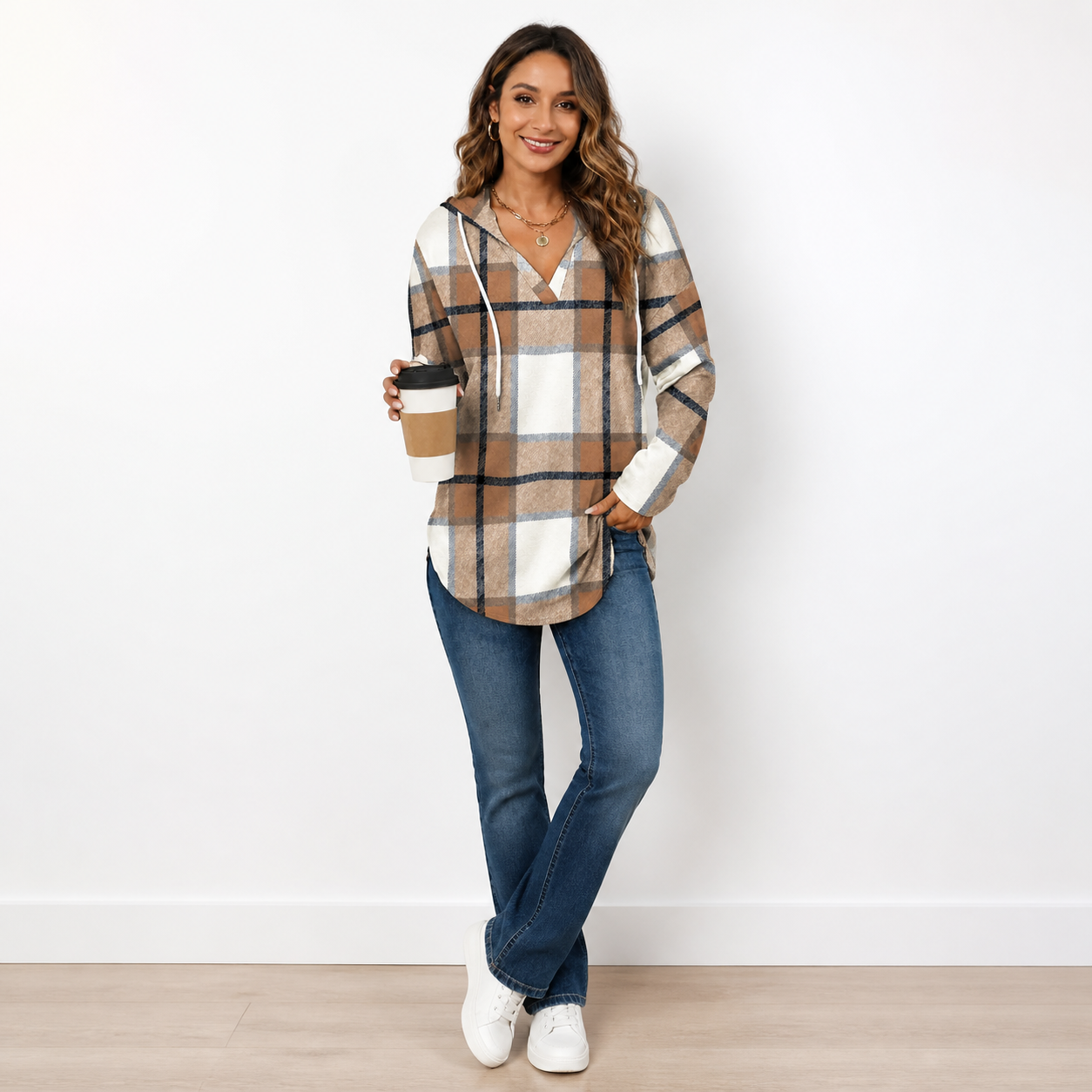 Women's Oversized V-Neck Plaid Hoodie Sweatshirt