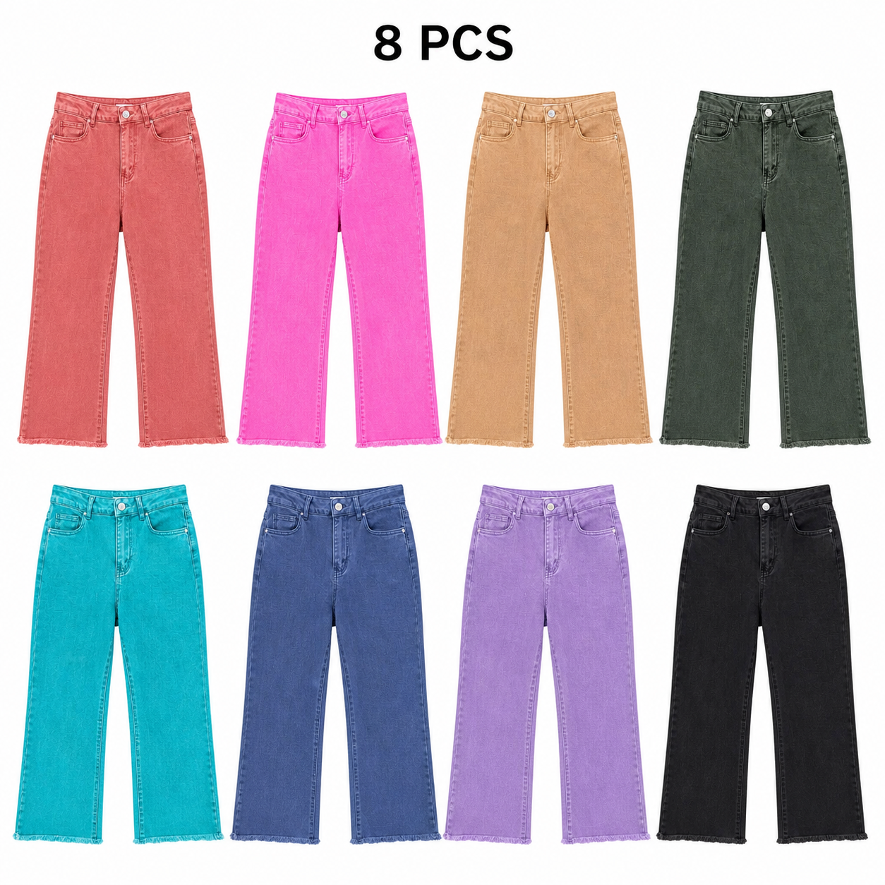 Women's High Rise Cropped Bootcut Jeans, Acid-Washed Raw Hem, 8/16 PCS Color Sets