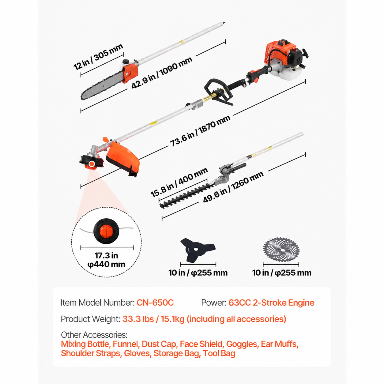 5-in-1 Gas Hedge Trimmer, Weed Eater, String Trimmer, Brush Cutter & Pole Saw
