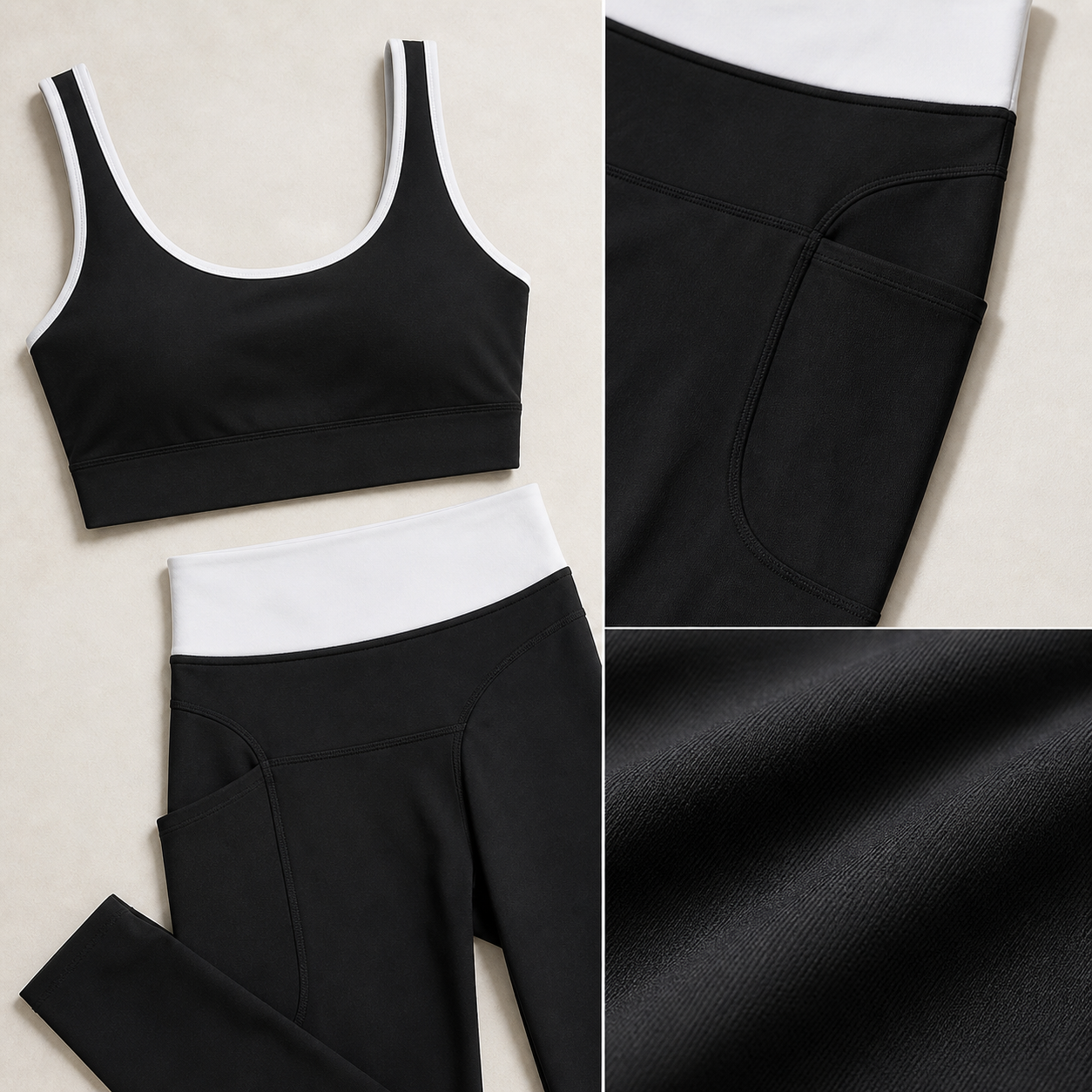 Women's Color-Block Sports Bra & High-Waisted 7/8 Pocket Leggings Set Bundle
