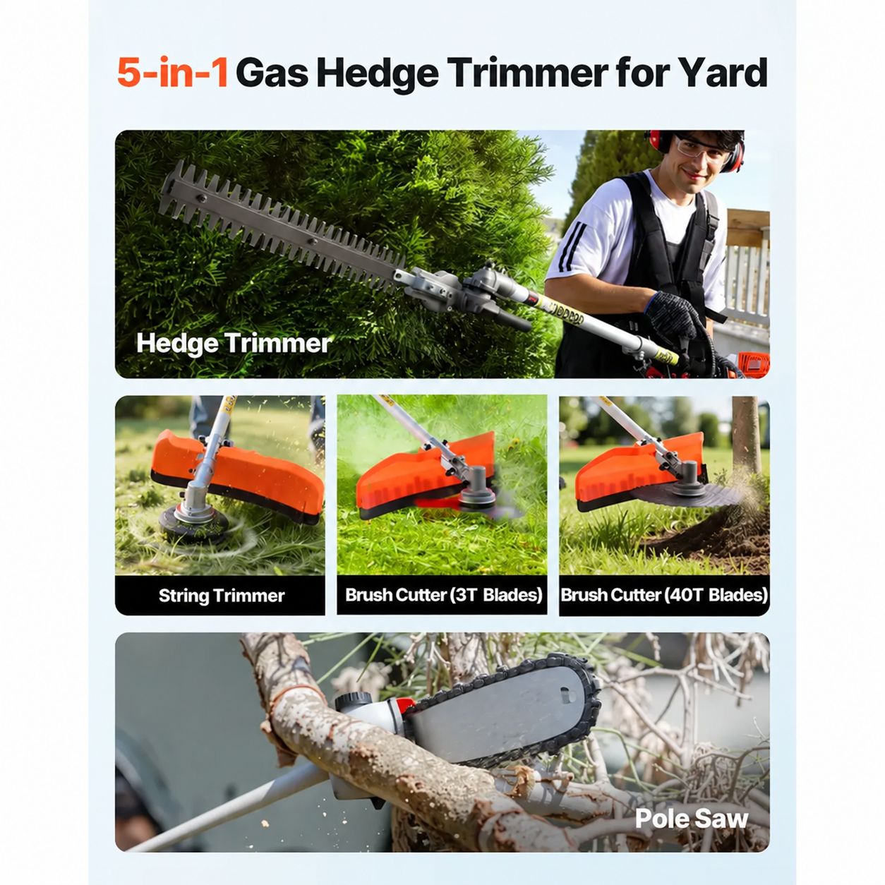 5-in-1 Gas Hedge Trimmer, Weed Eater, String Trimmer, Brush Cutter & Pole Saw