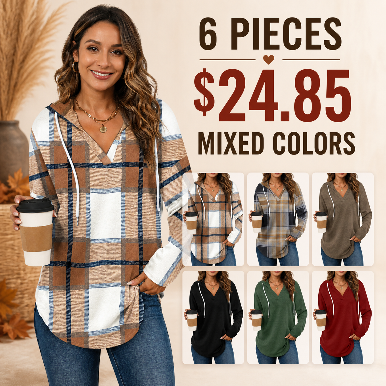 Women's Oversized V-Neck Plaid Hoodie Sweatshirt