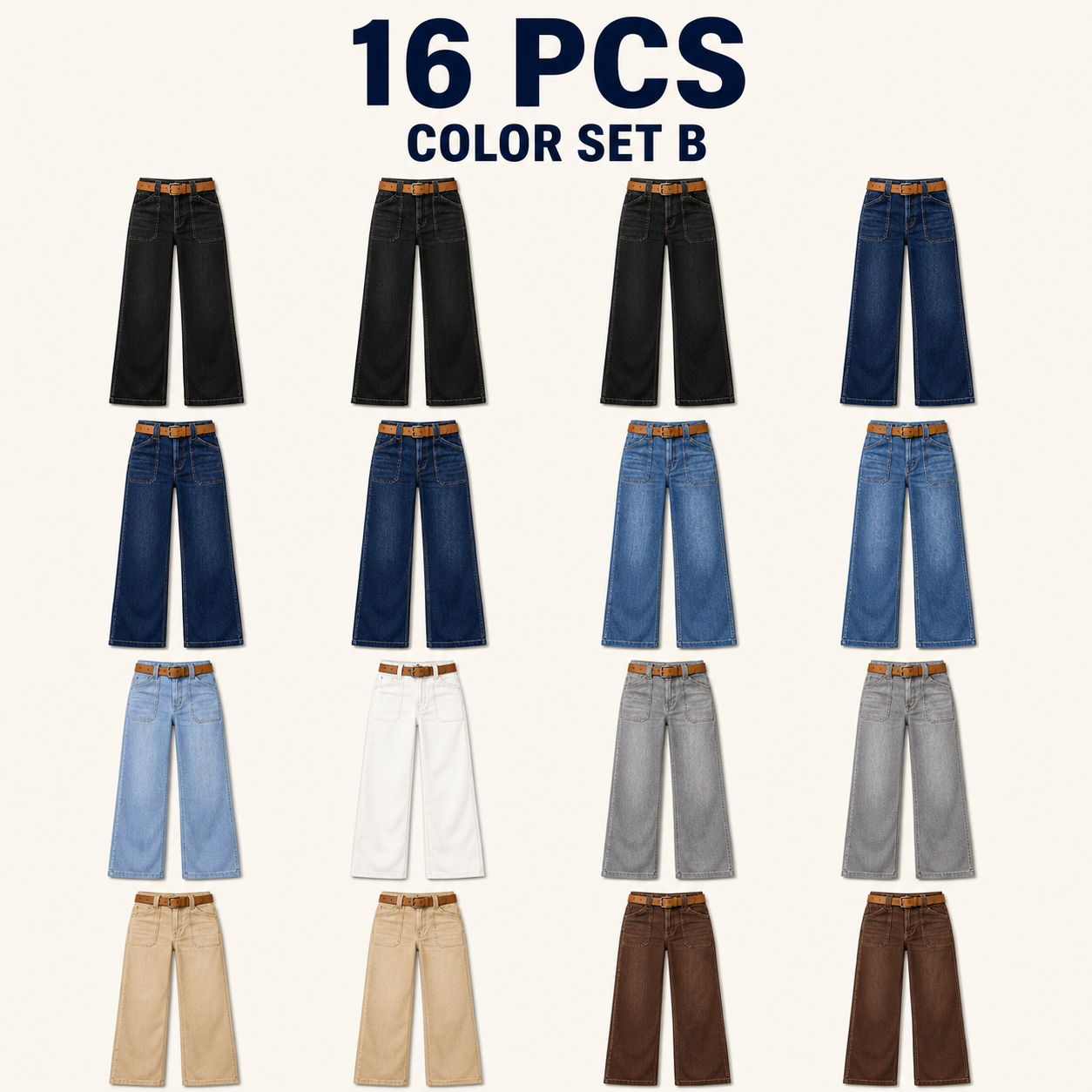 Women's 8/16 PCS Wide-Leg Jeans with Belt & Front Patch Pockets