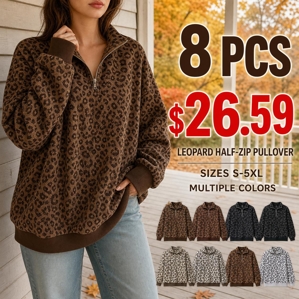 8 PCS Women's Leopard Print Half-Zip Pullover Set, Loose Drop Shoulder Long Sleeve Top