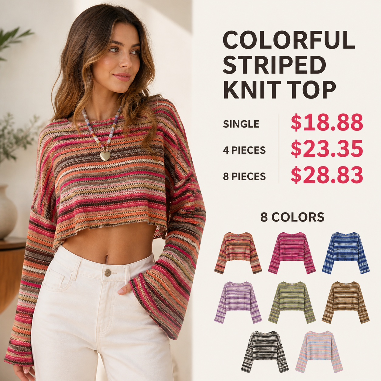 Women's Colorful Striped Textured Knit Top