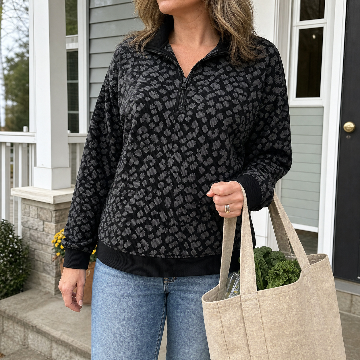 8 PCS Women's Leopard Print Half-Zip Pullover Set, Loose Drop Shoulder Long Sleeve Top