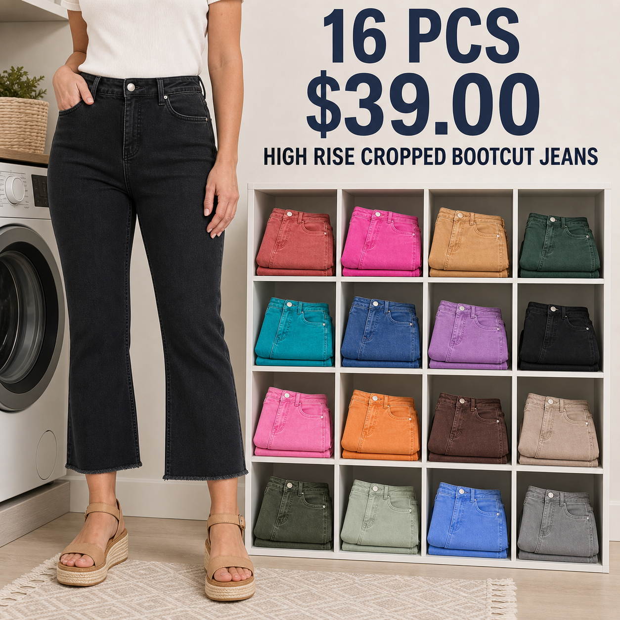 Women's High Rise Cropped Bootcut Jeans, Acid-Washed Raw Hem, 8/16 PCS Color Sets