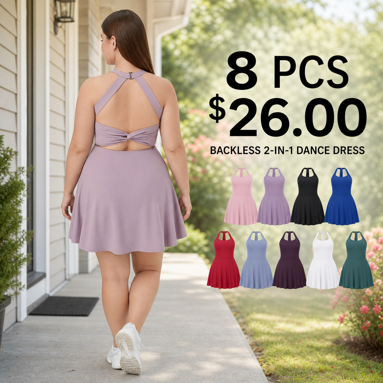 Backless Cut Out 2-in-1 Plus Size Dance Dress, 8/15 PCS Sets