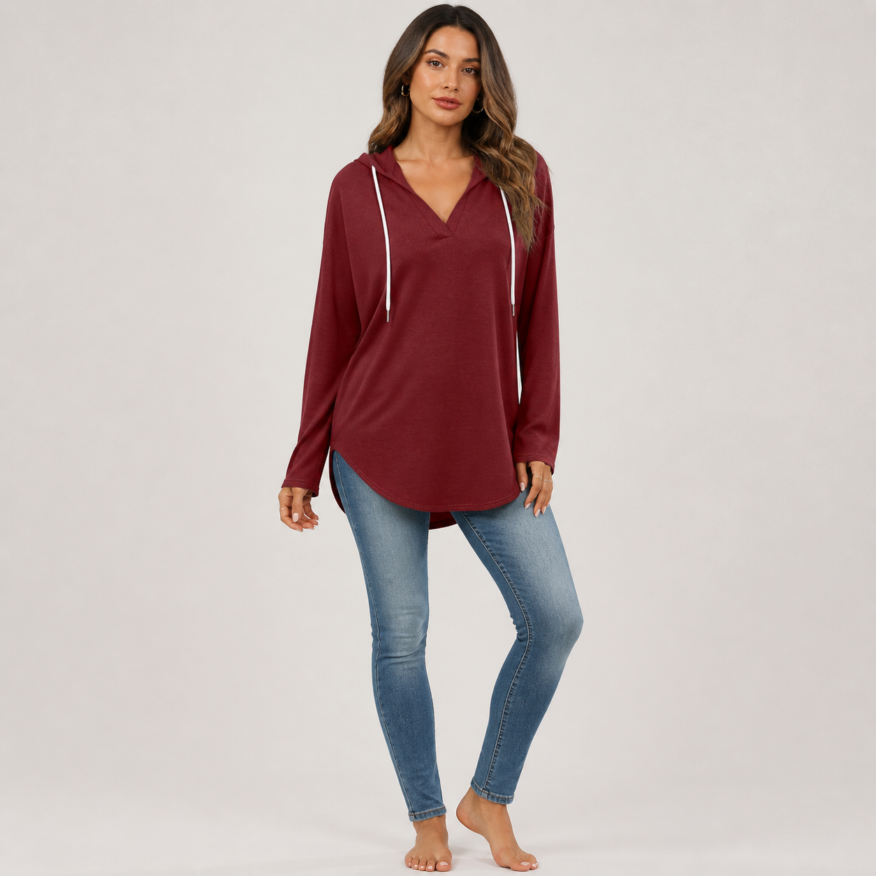 Women's Oversized V-Neck Plaid Hoodie Sweatshirt