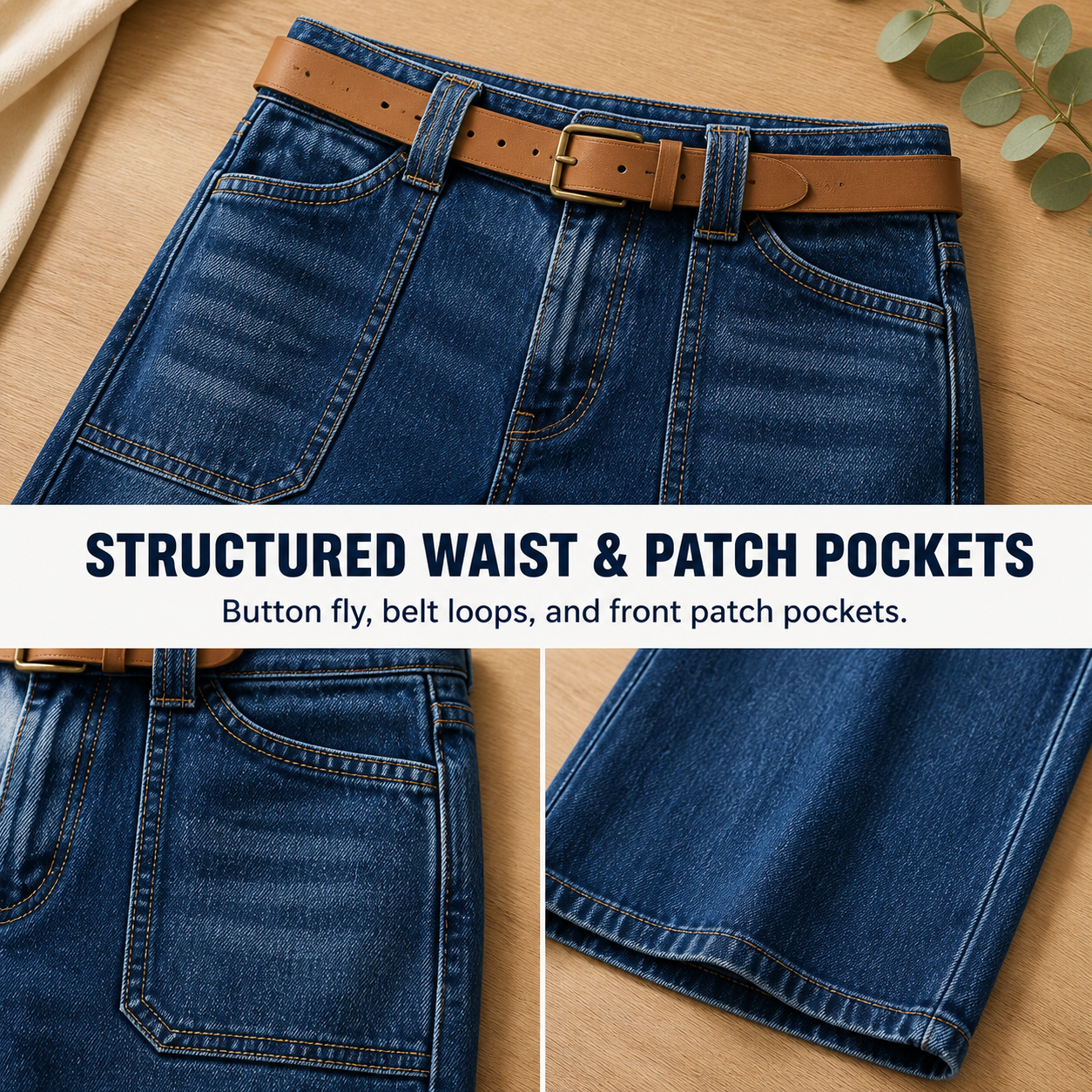 Women's 8/16 PCS Wide-Leg Jeans with Belt & Front Patch Pockets