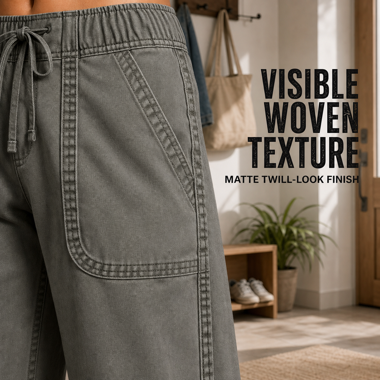 Women's 8 PCS Wide-Leg Utility Pants, Drawstring Waist, Front Patch Pockets