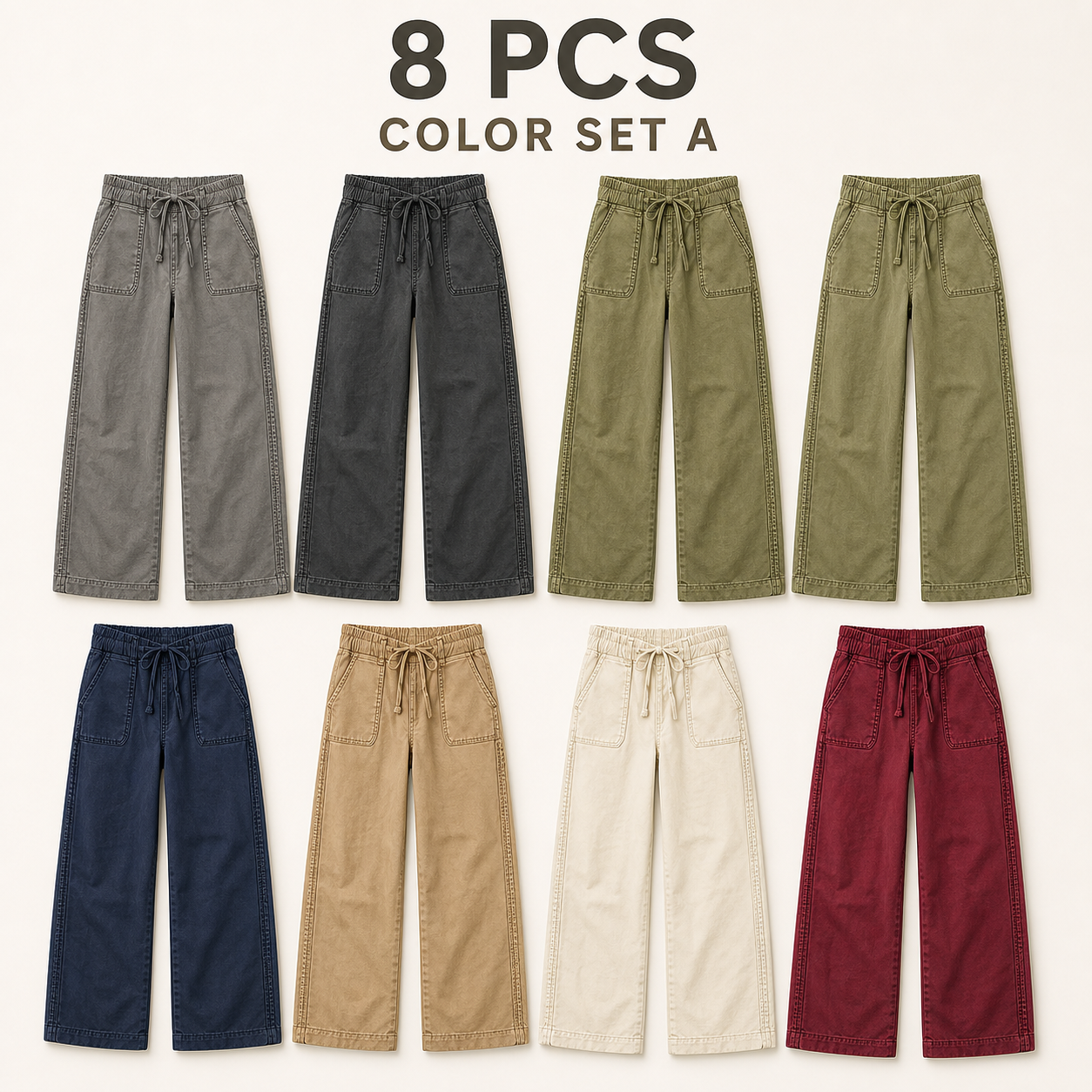 Women's 8 PCS Wide-Leg Utility Pants, Drawstring Waist, Front Patch Pockets