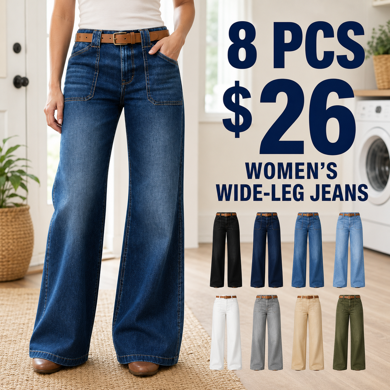Women's 8/16 PCS Wide-Leg Jeans with Belt & Front Patch Pockets