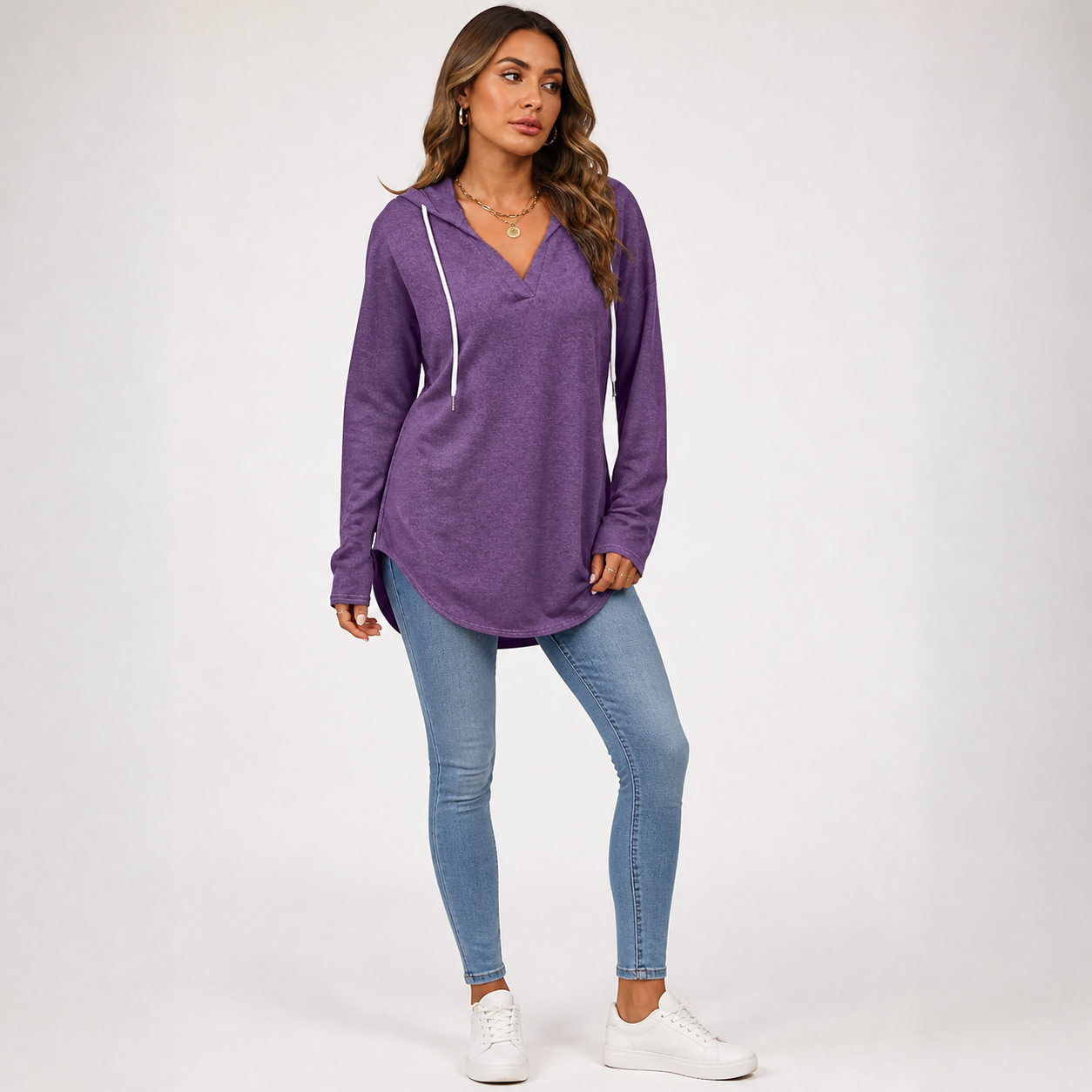 Women's Oversized V-Neck Plaid Hoodie Sweatshirt