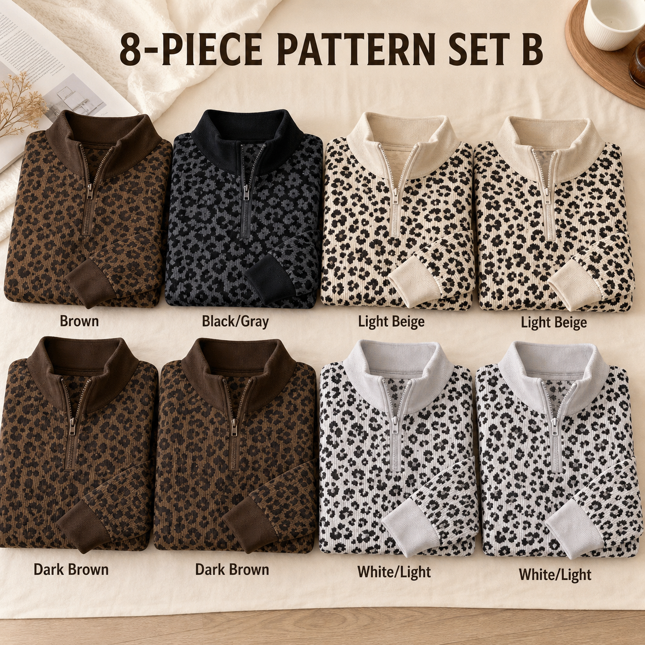 8 PCS Women's Leopard Print Half-Zip Pullover Set, Loose Drop Shoulder Long Sleeve Top
