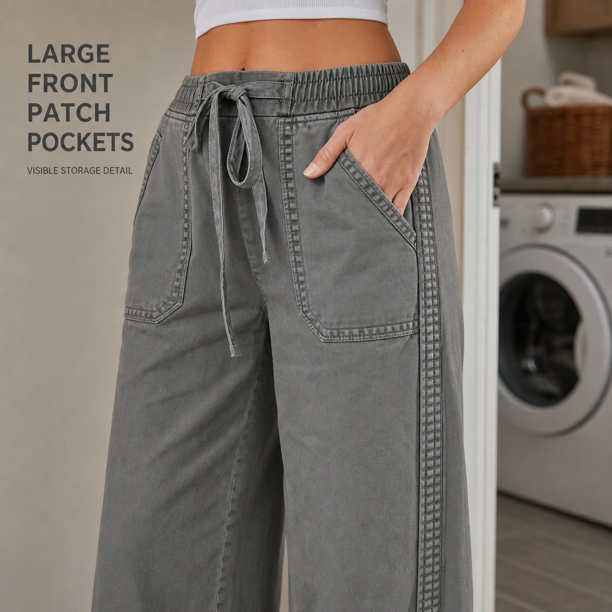 Women's 8 PCS Wide-Leg Utility Pants, Drawstring Waist, Front Patch Pockets